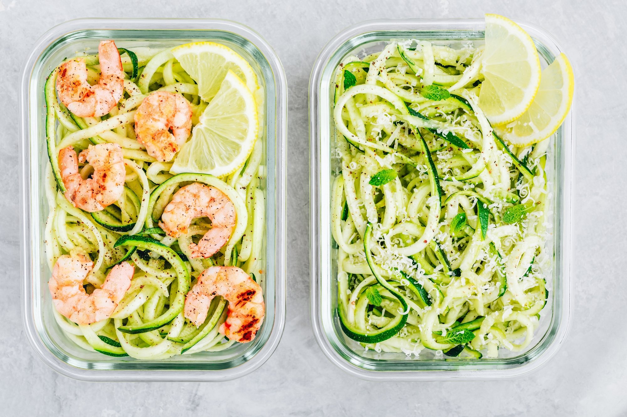 Shrimp and zucchini noodles in food prep containers